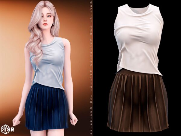 Philomena – Asymmetrical Wet-Look Top and Pleated Skirt Sims 4 CC