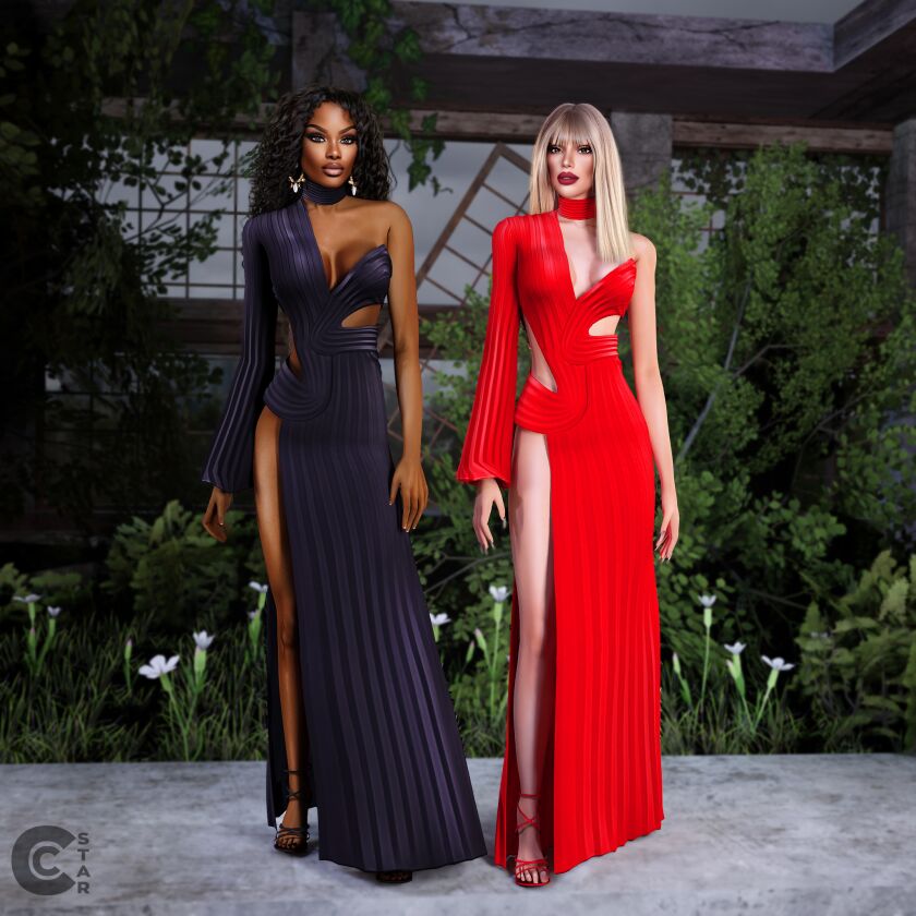 sims 4 cc pleated cutout high slit maxi dress 2