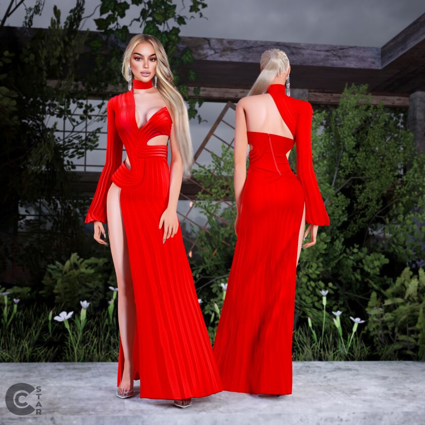 sims 4 cc pleated cutout high slit maxi dress 4