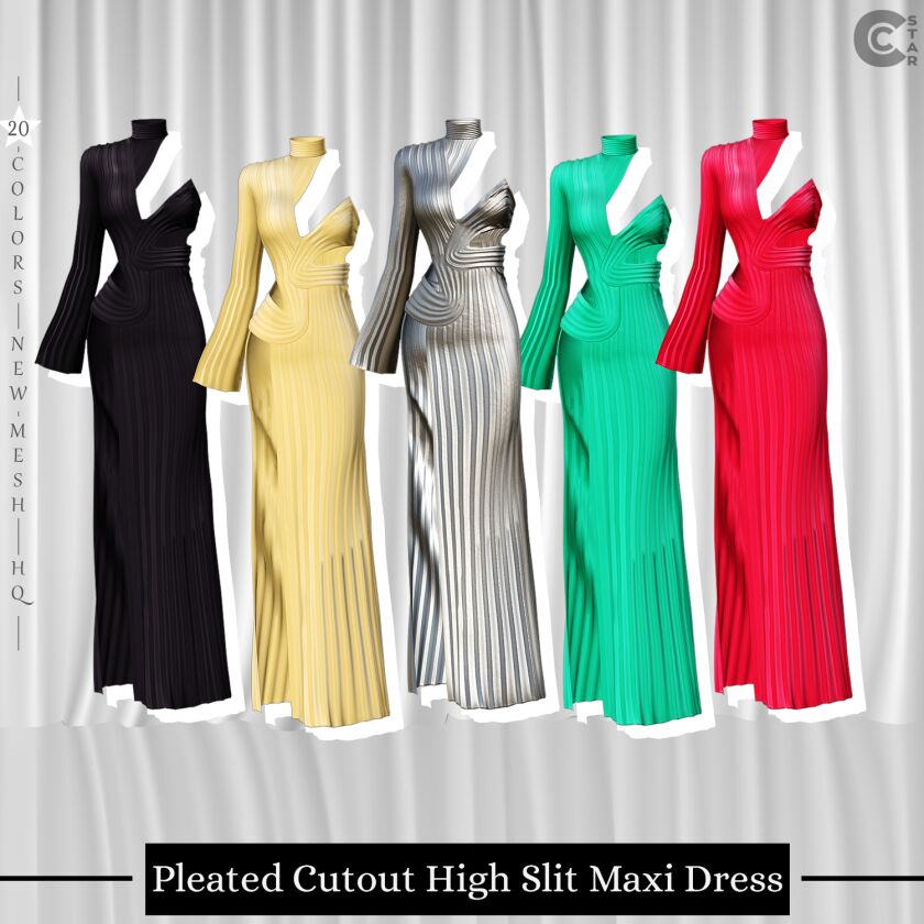 sims 4 cc pleated cutout high slit maxi dress 7