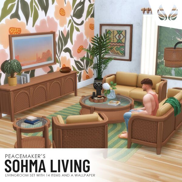 Sohma Living – Rattan Living-Room Set with 14 Items and 1 Wallpaper Sims 4 CC