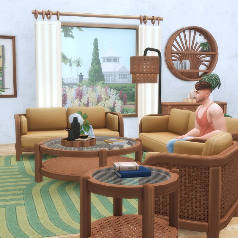 sims 4 cc sohma living rattan living room set with 14 items and 1 wallpaper by peacemakeric 2