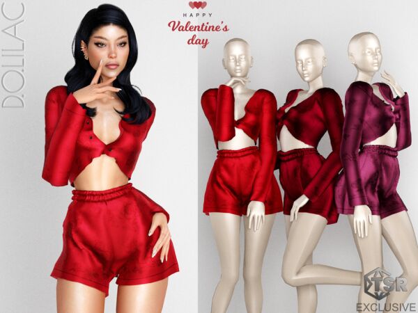 Valentine’s Day Floral Jacquard Satin Pyjama Set Sims 4 CC